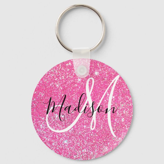 Girly Glam Hot Pink Glitter Sparkles Monogram Name Key Ring (Front)