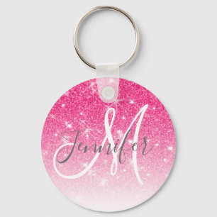 Girly Glam Hot Pink Glitter Sparkles Monogram Name Key Ring