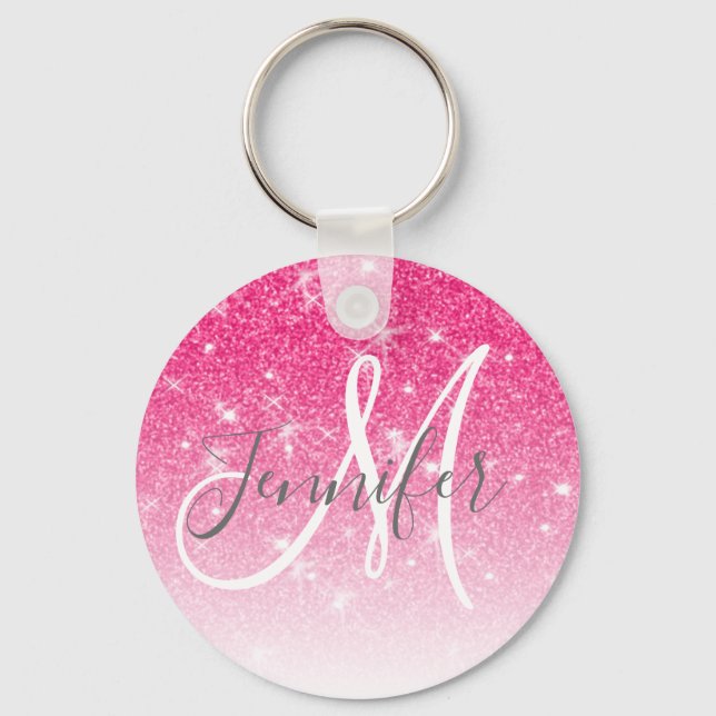 Girly Glam Hot Pink Glitter Sparkles Monogram Name Key Ring (Front)