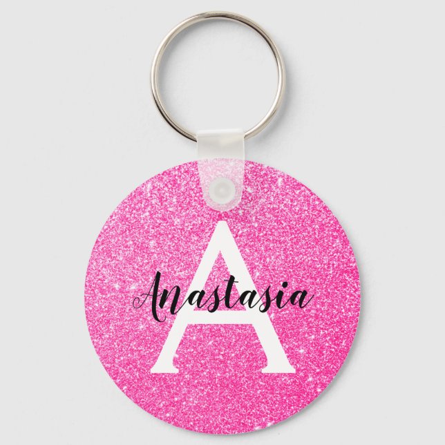 Girly Glam Hot Pink Glitter Sparkles Monogram Name Key Ring (Front)