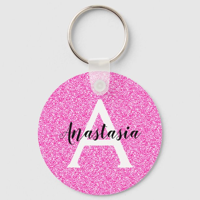 Girly Glam Hot Pink Glitter Sparkles Monogram Name Key Ring (Front)