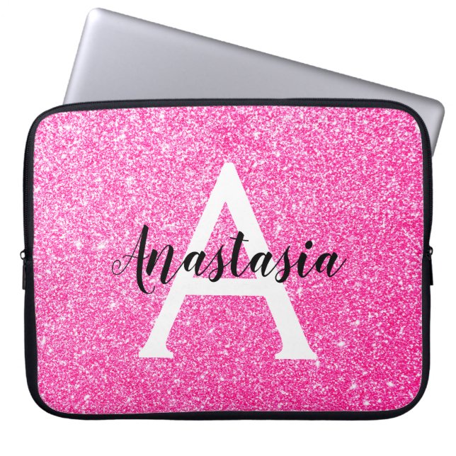 Girly Glam Hot Pink Glitter Sparkles Monogram Name Laptop Sleeve (Front)