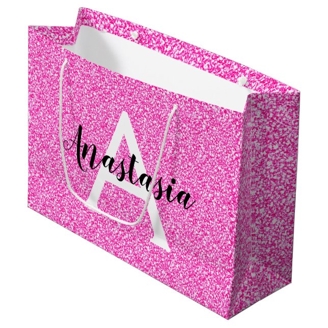 Girly Glam Hot Pink Glitter Sparkles Monogram Name Large Gift Bag (Front Angled)