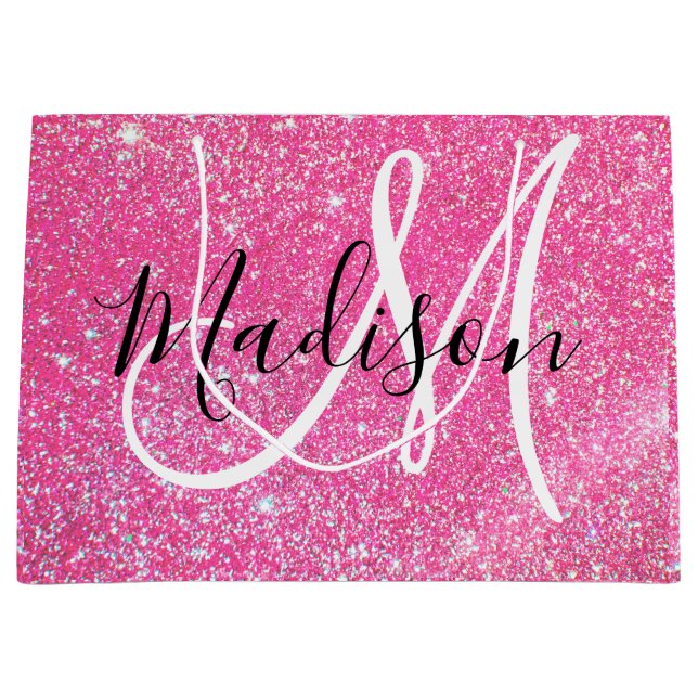Girly Glam Hot Pink Glitter Sparkles Monogram Name Large Gift Bag (Front)