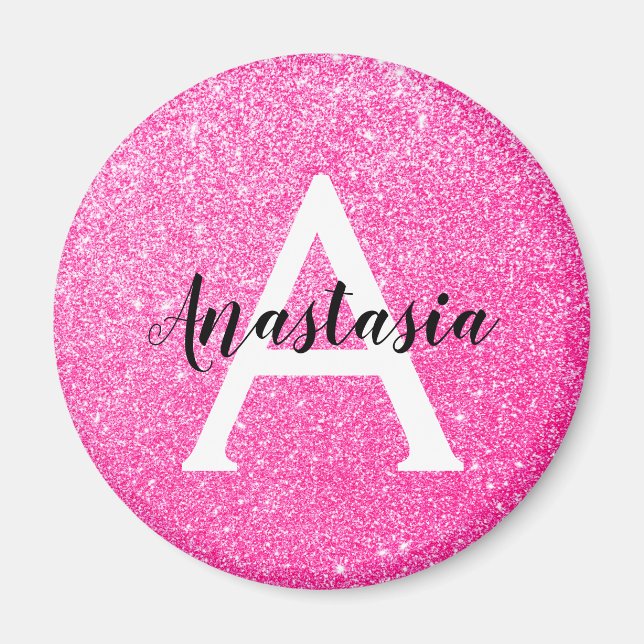 Girly Glam Hot Pink Glitter Sparkles Monogram Name Magnet (Front)