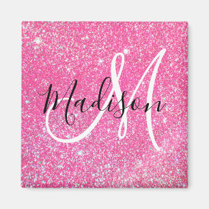 Girly Glam Hot Pink Glitter Sparkles Monogram Name Magnet