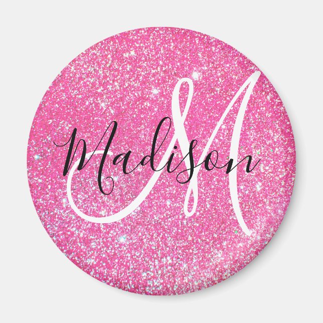 Girly Glam Hot Pink Glitter Sparkles Monogram Name Magnet (Front)