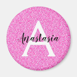 Girly Glam Hot Pink Glitter Sparkles Monogram Name Magnet