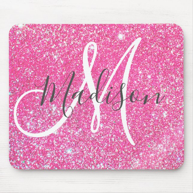 Girly Glam Hot Pink Glitter Sparkles Monogram Name Mouse Mat (Front)
