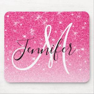 Girly Glam Hot Pink Glitter Sparkles Monogram Name Mouse Mat