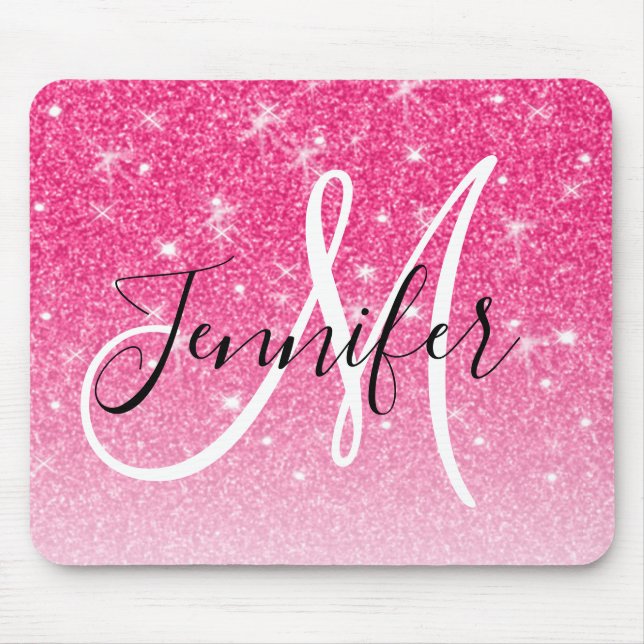 Girly Glam Hot Pink Glitter Sparkles Monogram Name Mouse Mat (Front)