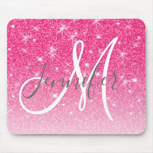 Girly Glam Hot Pink Glitter Sparkles Monogram Name Mouse Mat (Front)