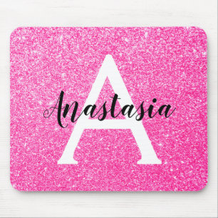 Girly Glam Hot Pink Glitter Sparkles Monogram Name Mouse Mat