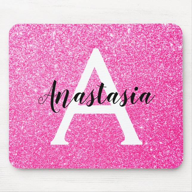 Girly Glam Hot Pink Glitter Sparkles Monogram Name Mouse Mat (Front)