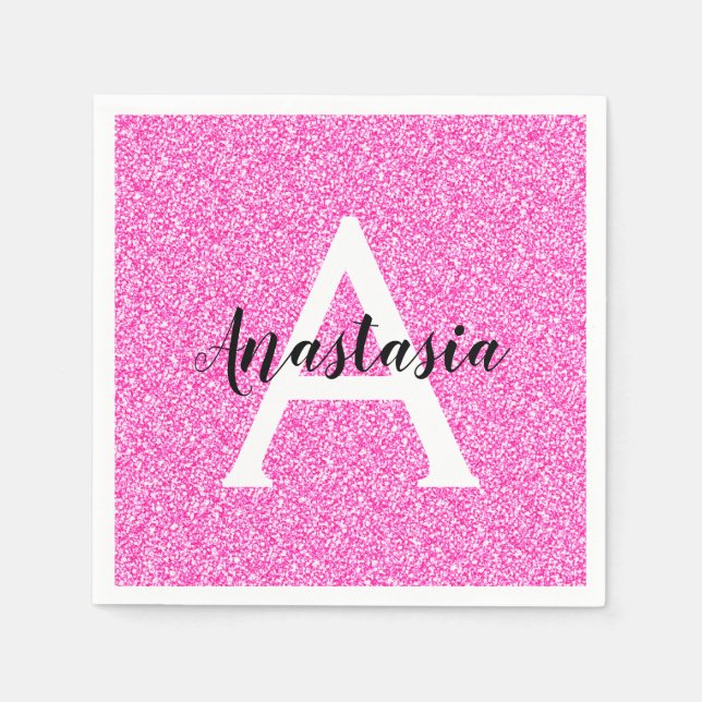 Girly Glam Hot Pink Glitter Sparkles Monogram Name Napkin (Front)