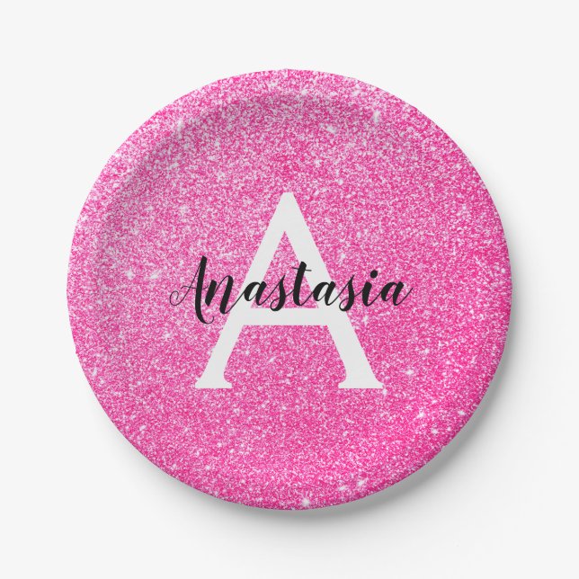 Girly Glam Hot Pink Glitter Sparkles Monogram Name Paper Plate (Front)