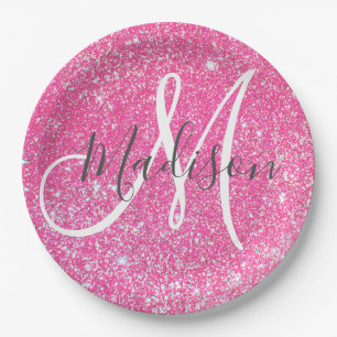 Girly Glam Hot Pink Glitter Sparkles Monogram Name Paper Plate
