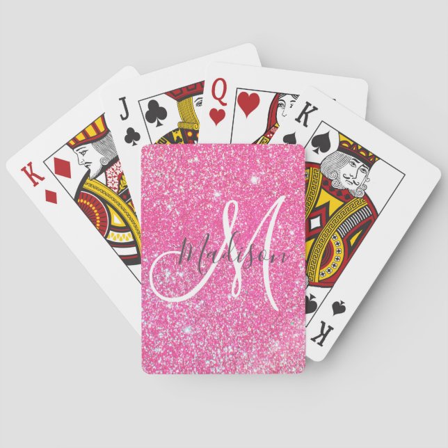 Girly Glam Hot Pink Glitter Sparkles Monogram Name Playing Cards (Back)