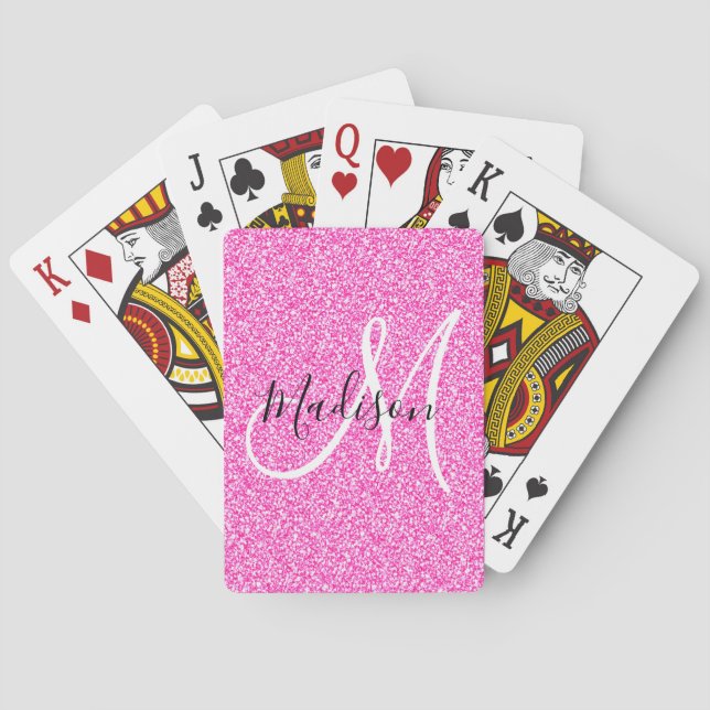 Girly Glam Hot Pink Glitter Sparkles Monogram Name Playing Cards (Back)