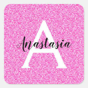 Girly Glam Hot Pink Glitter Sparkles Monogram Name Square Sticker