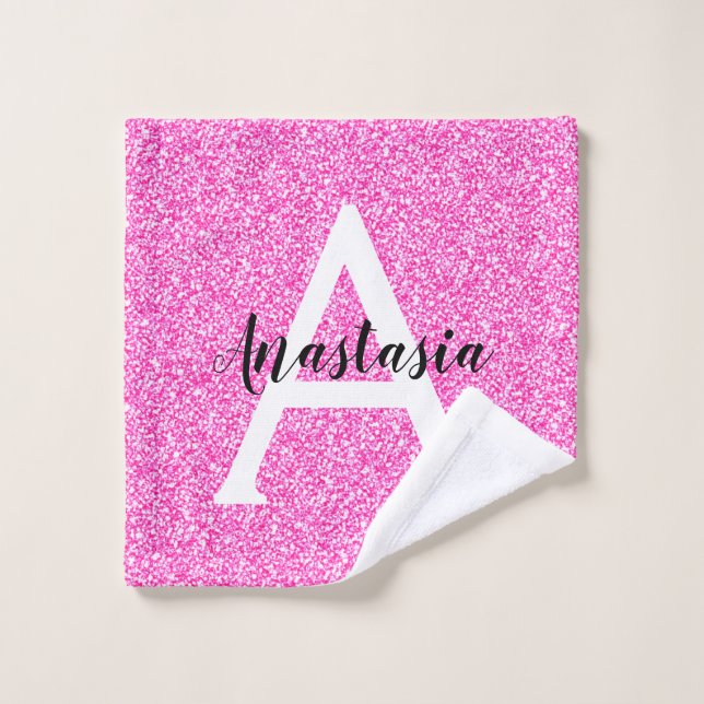 Girly Glam Hot Pink Glitter Sparkles Monogram Name Wash Cloth (Wash Cloth)