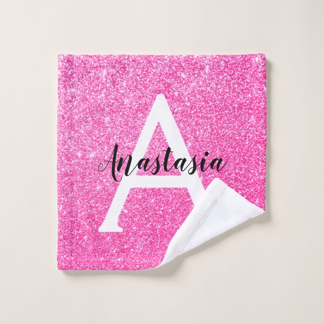 Girly Glam Hot Pink Glitter Sparkles Monogram Name Wash Cloth (Wash Cloth)