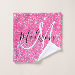 Girly Glam Hot Pink Glitter Sparkles Monogram Name Wash Cloth