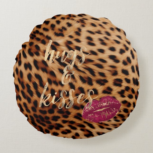 Girly Glam Leopard Hugs & Kisses Lips Round Cushion (Front)