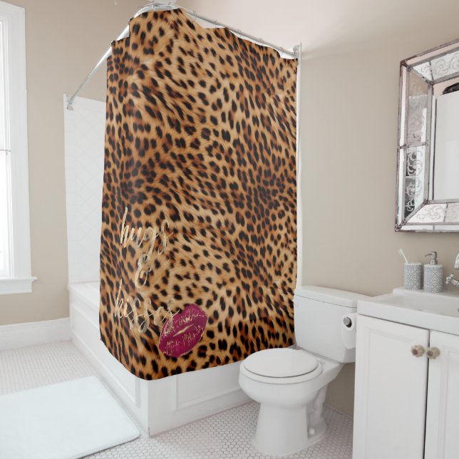 Girly Glam Leopard Hugs & Kisses Lips Shower Curtain (In Situ)