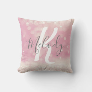 Girly Glam Light Pink Sparkles Monogram Name Cushion