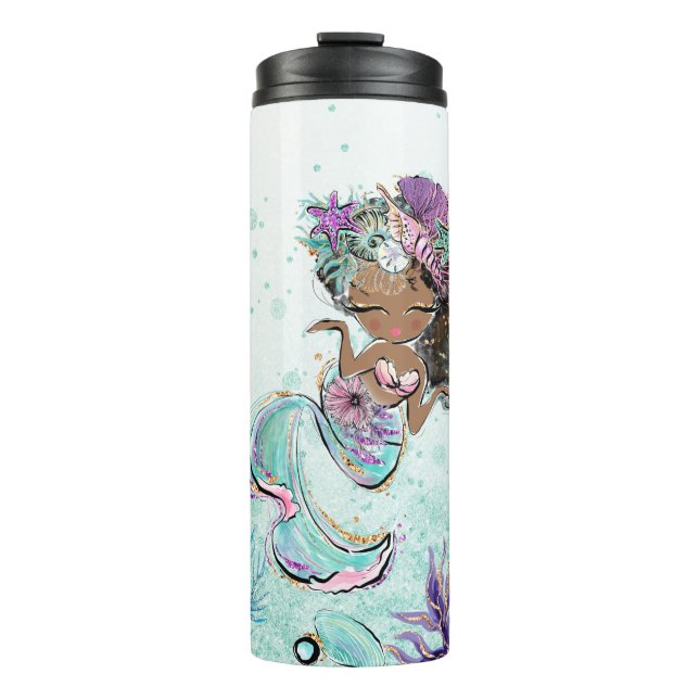 *~ Girly Glam Mermaid Glitter Sea Turtle Coral Thermal Tumbler (Front)