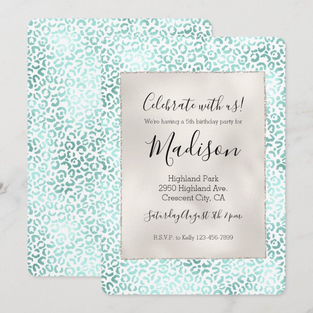 Girly Glam Mint Leopard Print Invitation (Front/Back)