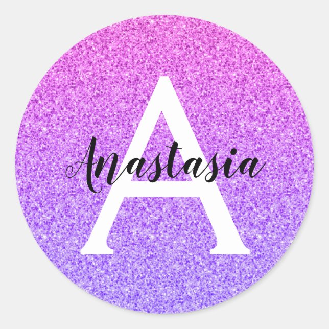 Girly Glam Ombre Purple Glitter Sparkles Monogram Classic Round Sticker (Front)