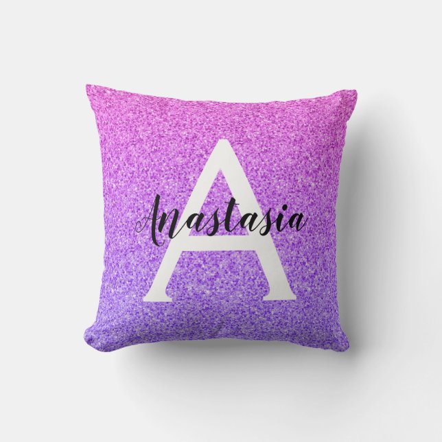 Girly Glam Ombre Purple Glitter Sparkles Monogram Cushion (Front)
