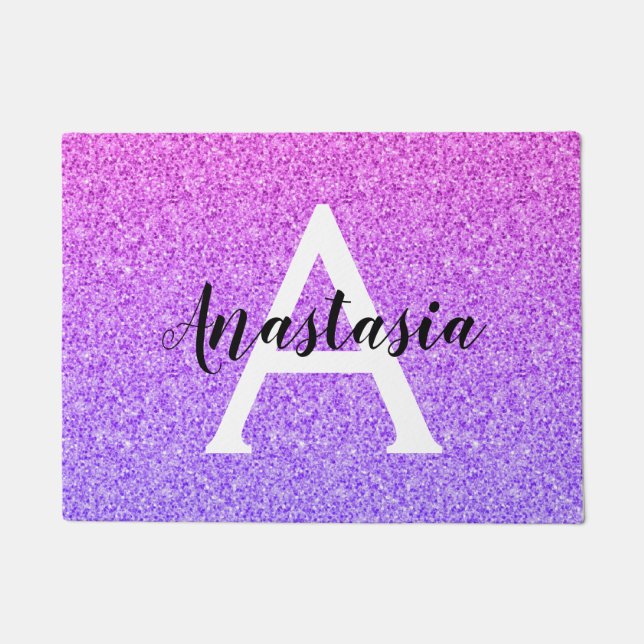 Girly Glam Ombre Purple Glitter Sparkles Monogram Doormat (Front)