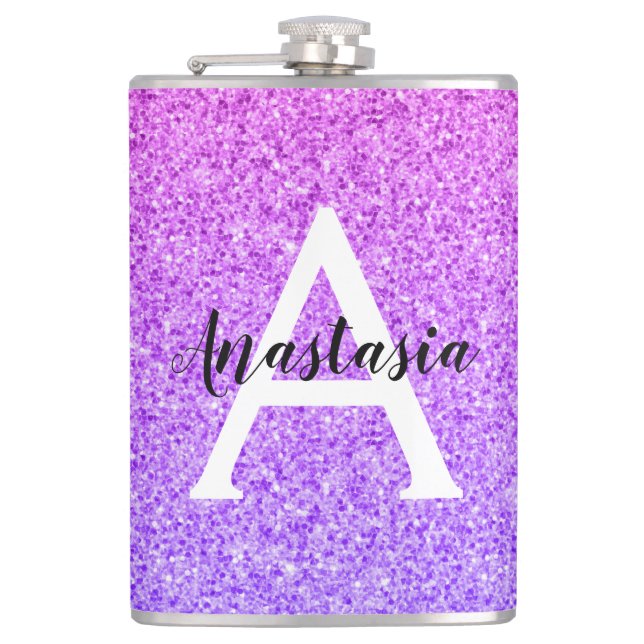 Girly Glam Ombre Purple Glitter Sparkles Monogram Hip Flask (Front)