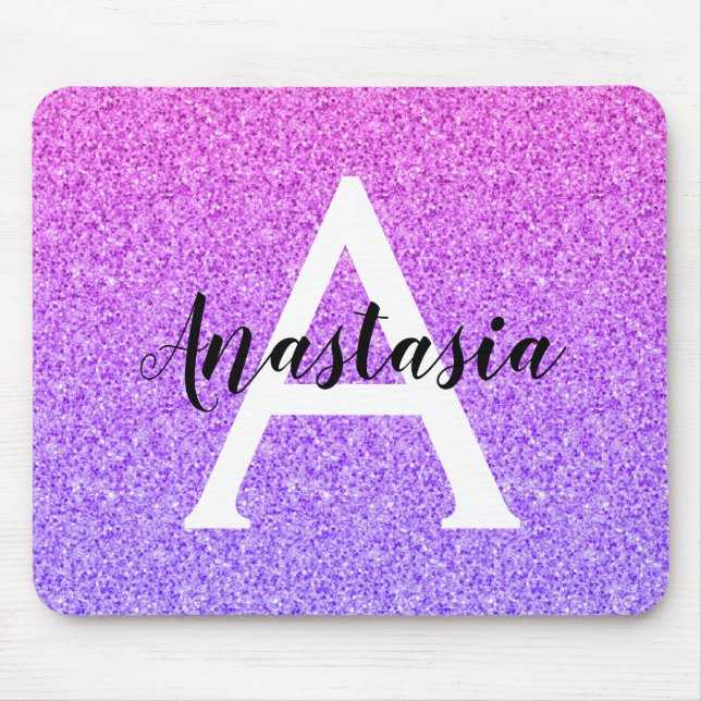 Girly Glam Ombre Purple Glitter Sparkles Monogram Mouse Mat (Front)