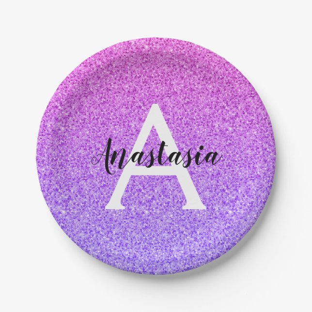 Girly Glam Ombre Purple Glitter Sparkles Monogram Paper Plate (Front)