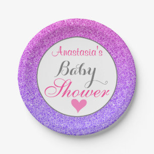 Girly & Glam Ombre Purple Pink Glitter Baby Shower Paper Plate