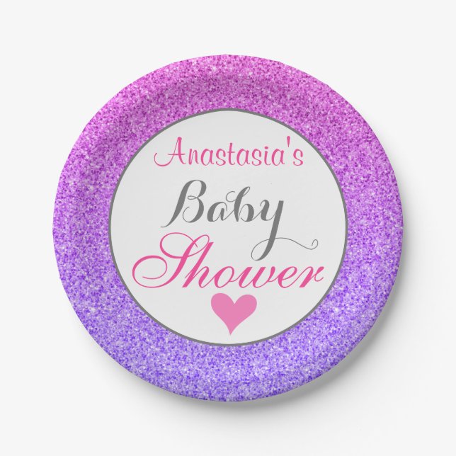 Girly & Glam Ombre Purple Pink Glitter Baby Shower Paper Plate (Front)