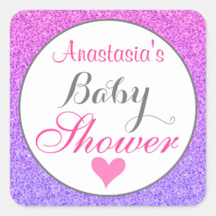 Girly & Glam Ombre Purple Pink Glitter Baby Shower Square Sticker