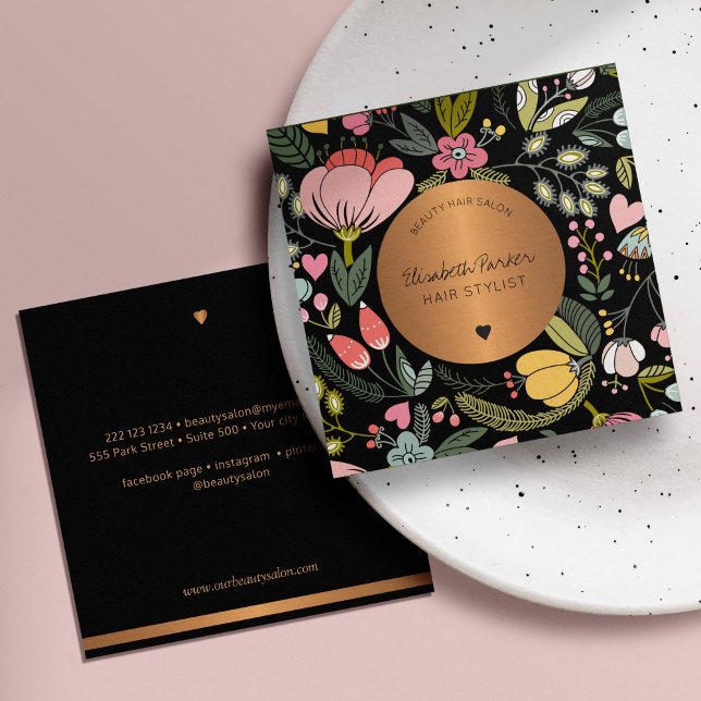 Girly glam pastel pink floral beauty salon black square business card (Creator Uploaded)