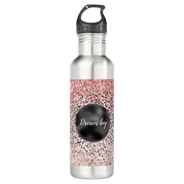 Girly Glam Pink Black White Leopard Print Glitter 710 Ml Water Bottle (Front)