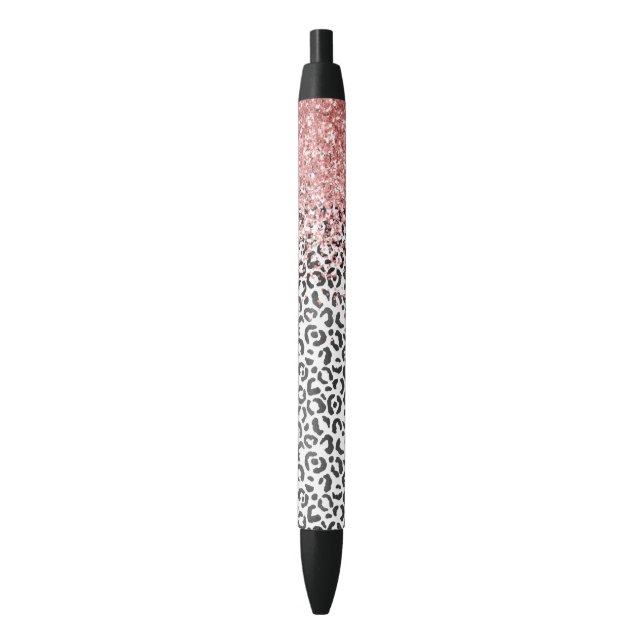 Girly Glam Pink Black White Leopard Print Glitter Black Ink Pen (Front Vertical)