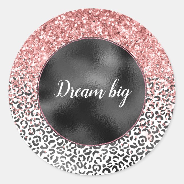 Girly Glam Pink Black White Leopard Print Glitter Classic Round Sticker (Front)