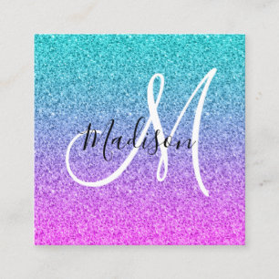 Girly Glam Pink Blue Purple Glitter Ombre Monogram Square Business Card