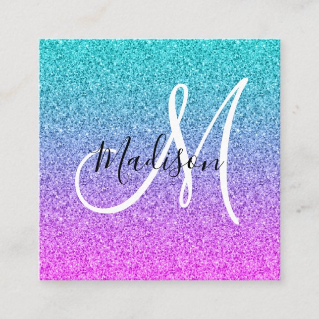 Girly Glam Pink Blue Purple Glitter Ombre Monogram Square Business Card (Front)
