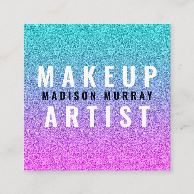 Girly Glam Pink Blue Purple Glitter Ombre Monogram Square Business Card (Front)