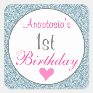 Girly Glam Pink & Light Blue Glitter 1st Birthday Square Sticker