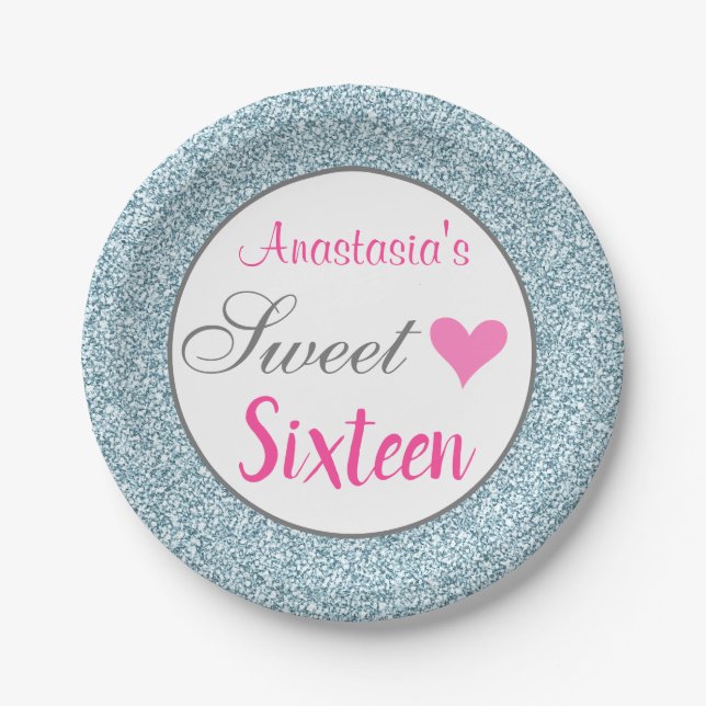 Girly & Glam Pink Light Blue Glitter Sweet Sixteen Paper Plate (Front)